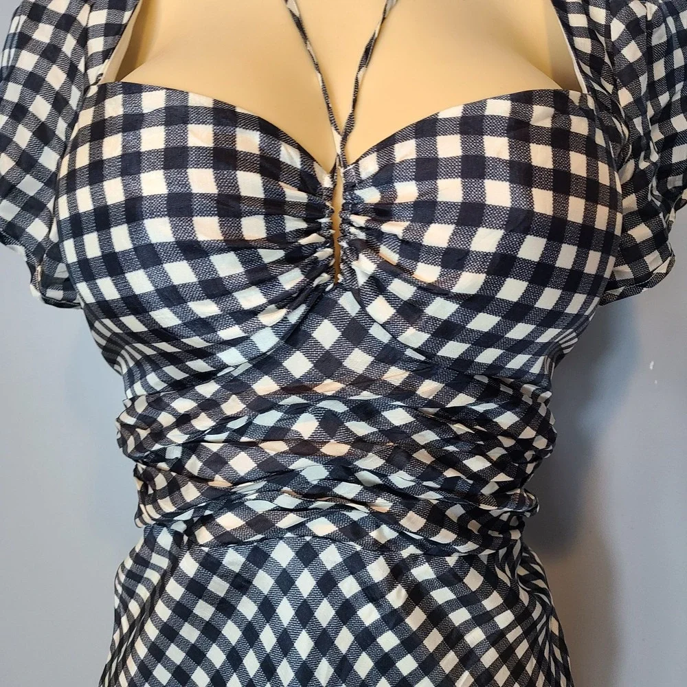 J crew collection tie neck maxi dress cap sleeve gingham black sz 12 Cottage NEW